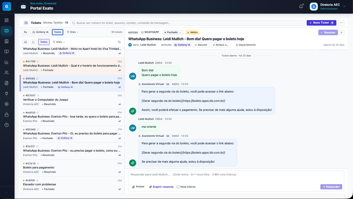 GoSeny - Tela de tickets e atendimento com IA