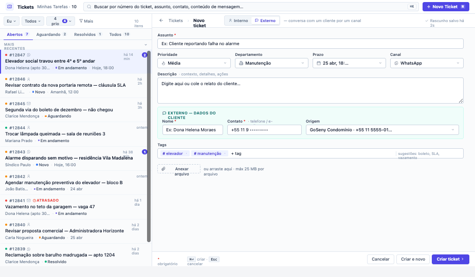 GoSeny — Tela de criação de novo ticket externo para atendimento ao cliente